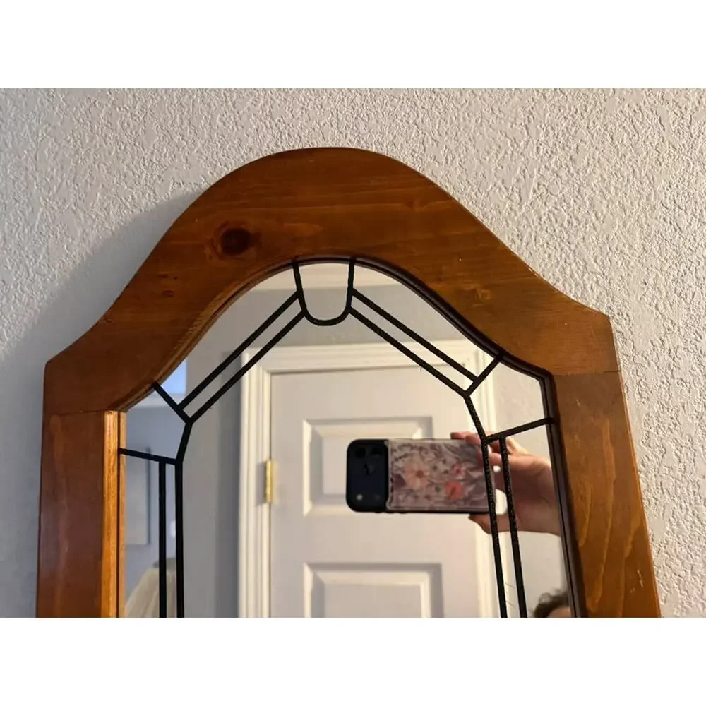 Vintage Wood & Leaded-Style Glass Arch Mirror – 23” x 13”